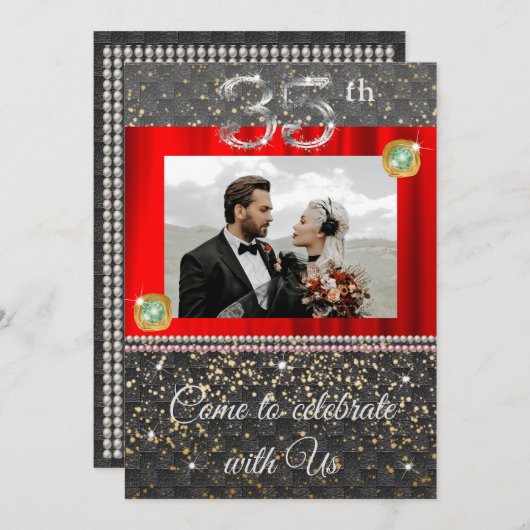 シック・ブラック・シルバー・エメラルド35結婚周年記念 招待状 (正面/裏面)