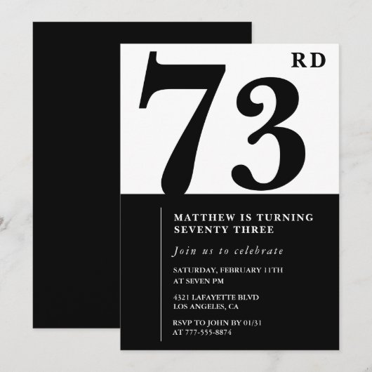 シック・ブラック&ホワイトの73歳の誕生日の招待状 招待状 (正面/裏面)