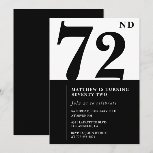 シック・ブラック&ホワイト72回目の誕生日の招待状 招待状 (正面/裏面)