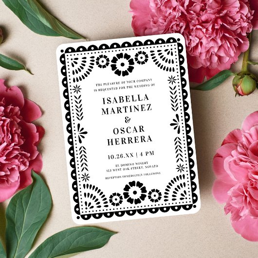 シック・ブラック&ホワイト・パペル・ピカインスパイアド結婚ズ 招待状