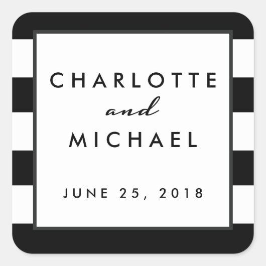 シック・ブラック |白いモダン結婚式の引き出物ラベル スクエアシール (正面)