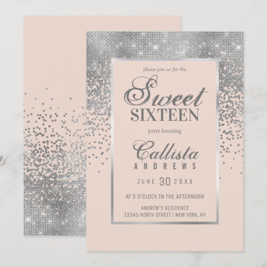 シック ブラッシュ ピンク シルバー グリッター コンフェッティ スウィート 16 招待状 (正面/裏面)