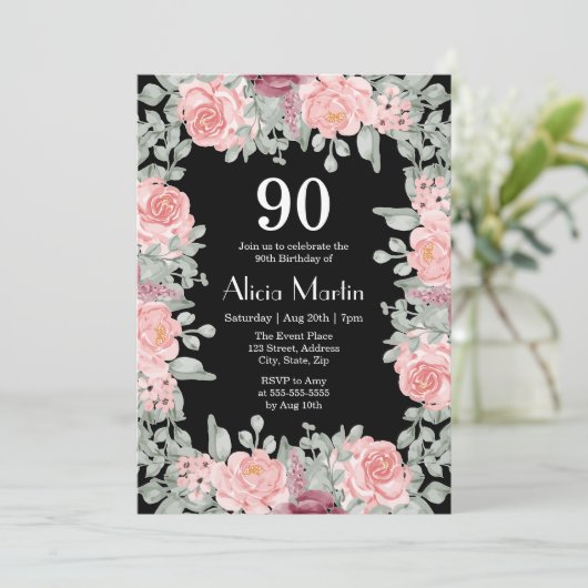 シック・ブルガンディピンクローゼフローラブラック90誕生日 招待状 (スタンド正面)