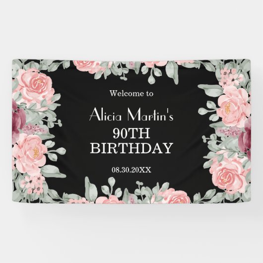 シック・ブルガンディピンクローゼフローラブラック90誕生日 横断幕 (横)