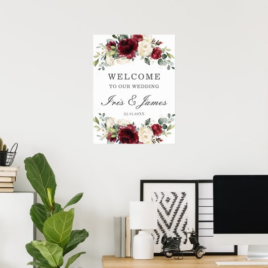 シック・ブルゴーニュアイボリーフローラ結婚のウェルカムサイン ポスター (ホームオフィス)