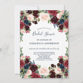 シック・ブルゴーニュ、ネイビー、ピンクフローラブライダルシャワー 招待状
