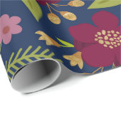 シック・ブルゴーニュ、ネイビー・ブルーと金ゴールド結婚のフローラ ラッピングペーパー (ロールコーナー)