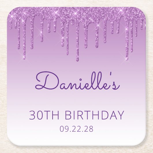 シック・ブルーグリッタードリップ30th誕生日パーティー スクエアペーパーコースター (正面)