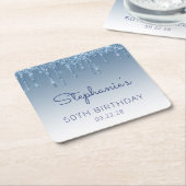 シック・ブルーグリッタードリップ50thバースデーパーティー スクエアペーパーコースター (アングル)