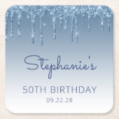 シック・ブルーグリッタードリップ50thバースデーパーティー スクエアペーパーコースター (正面)
