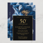 シック・ブルーフローラブラック&金ゴールド50周年 招待状 (正面/裏面)