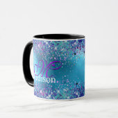 シック・ブルー・ピンク虹色グリッターモノグラム マグカップ (正面左)