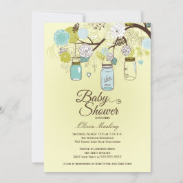 シック·ブルー·メイソン·ジャー·フローラ·ベビー·シャワーの招待 招待状