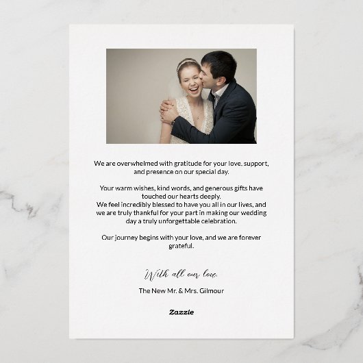 シック・ベージュ結婚の写真の手書きスクリプト 箔招待状 (裏面)