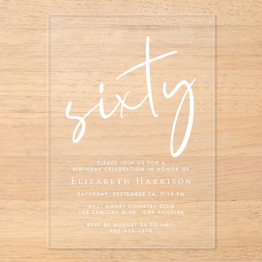 シック・ホワイト・スクリプト60th誕生日パーティー アクリル招待状 (正面)
