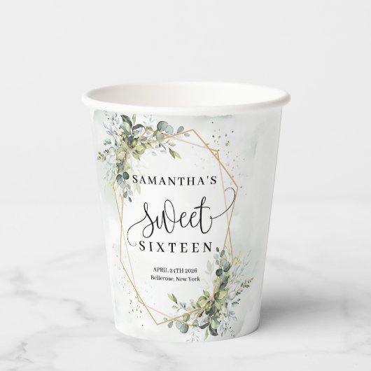 シック・ボホユーカリの緑の金ゴールド16th誕生日 紙コップ (裏面)