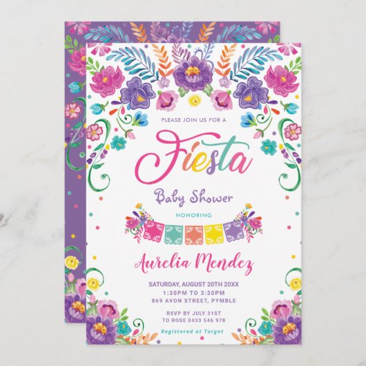 シック・メキシコ・フローラ・フラワーズ・フィエスタ・ベビー・シャワー 招待状 (正面/裏面)