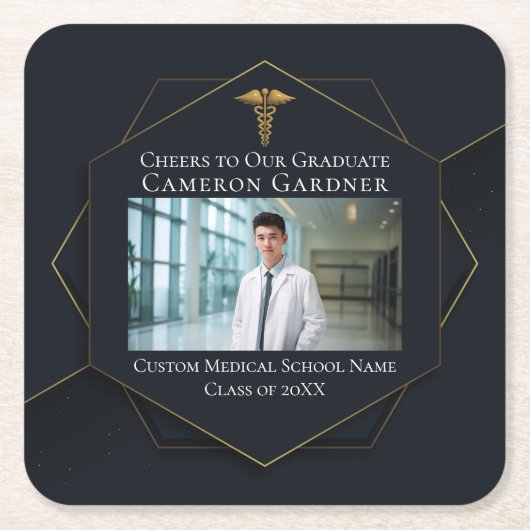 シック・メディカル・スクールフォトブラック卒業パーティー スクエアペーパーコースター (正面)