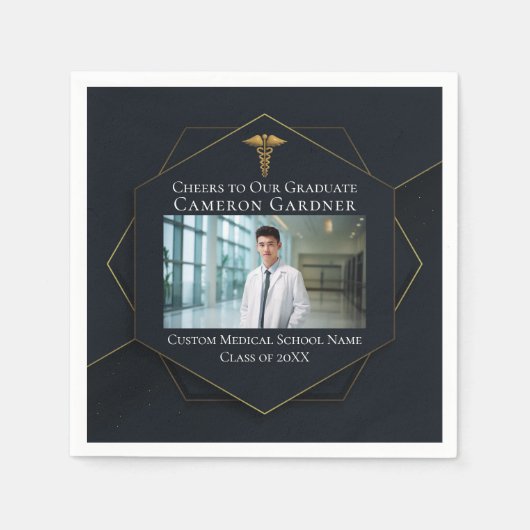 シック・メディカル・スクールフォトブラック卒業パーティー スタンダードカクテルナプキン (正面)