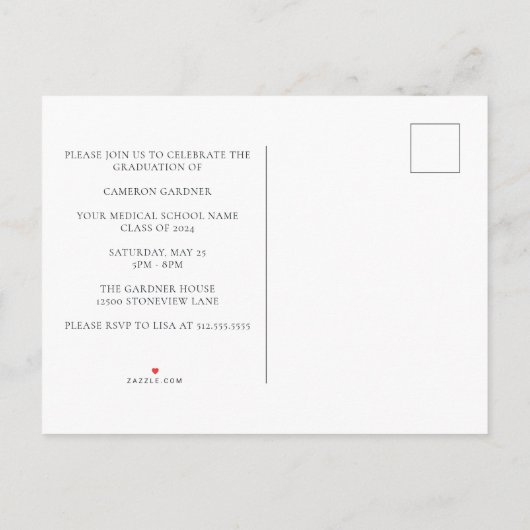 シック・メディカル・スクール写真卒業パーティー インビテーションポストカード (裏面)