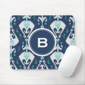 シック・モダンティール(緑がかった色)・ネービー・ブルー・イカット・トライバル・パターン マウスパッド (マウス)