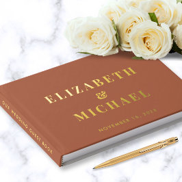 シック・モノグラムフォトテラコッタ結婚の金ゴールド ゲストブック