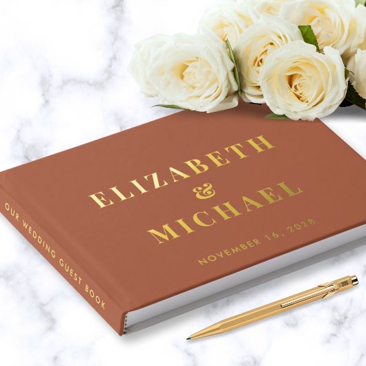 シック・モノグラムフォトテラコッタ結婚の金ゴールド ゲストブック