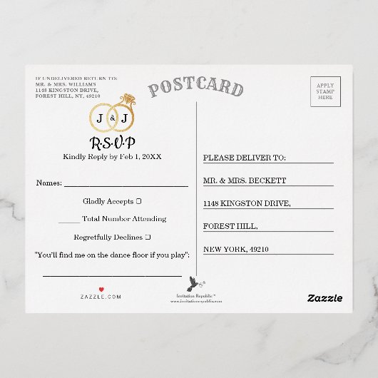 シック・モノグラム結婚ズリングや輪RSVP実在 箔招待状ポストカード (裏面)