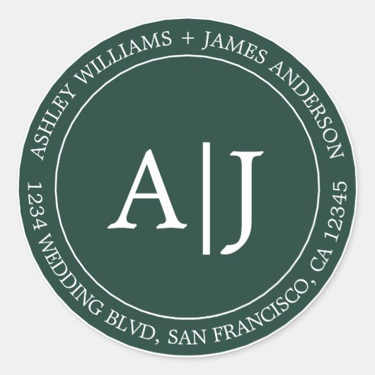 シック・モノグラム結婚ズ差出人住所ダークグリーン ラウンドシール (正面)