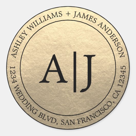 シック・モノグラム結婚ズ差出人住所金ゴールド ラウンドシール (正面)