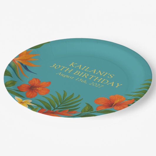 シック・ラッシュ・トロピカルフローラルアウ(ハワイ式宴会)誕生日パーティー ペーパープレート (アングル)