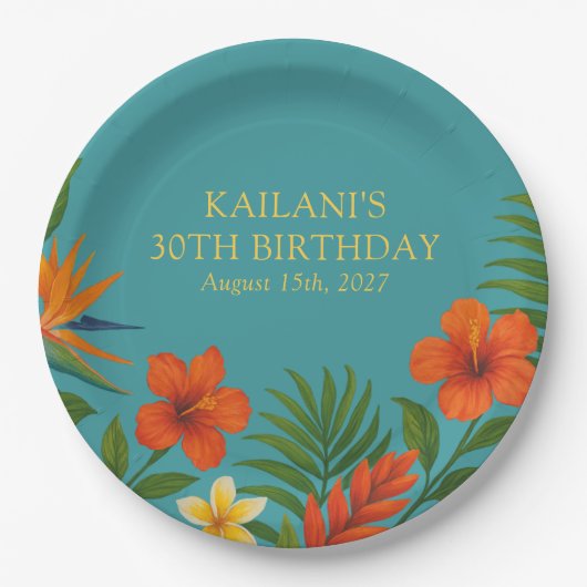 シック・ラッシュ・トロピカルフローラルアウ(ハワイ式宴会)誕生日パーティー ペーパープレート (正面)