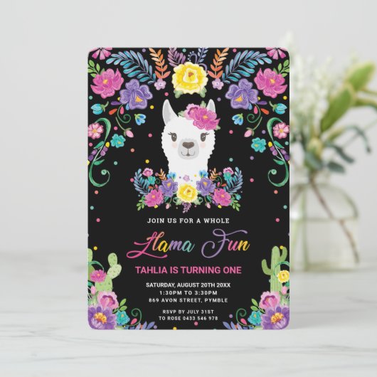 シック・ラマ・おもしろいメキシコフローラ1歳の誕生日パーティー 招待状 (スタンド正面)