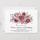 シック・レッド・マルーングリーンリーフローラ40th Birthday 招待状 (正面)