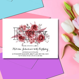 シック・レッド・マルーングリーンリーフローラ50th誕生日 招待状