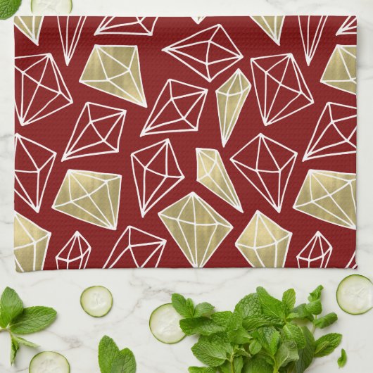 シック・レッド・金ゴールド・ダイヤモンド・クリスマス キッチンタオル (折り畳み)