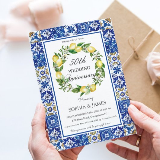 シック・レモン・モザイク結婚タイル50周年 招待状