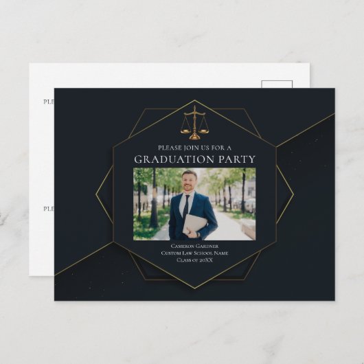 シック・ロースクール写真卒業パーティー インビテーションポストカード (正面/裏面)