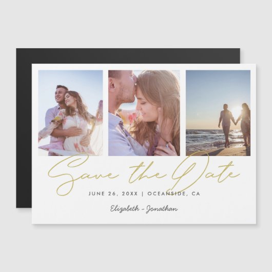 シック・金ゴールド3枚の写真婚、日付の磁石を救う マグネット招待状 (正面/裏面)