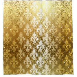 シック，金ゴールド,ヴィンテージ，ダマスク，パタービクトリアンン，フローラ シャワーカーテン