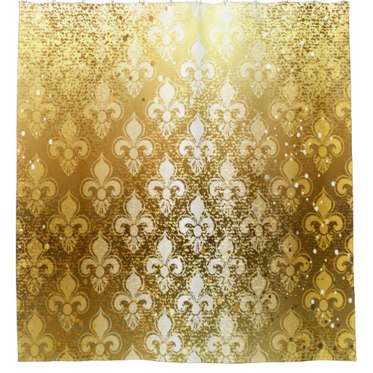 シック，金ゴールド,ヴィンテージ，ダマスク，パタービクトリアンン，フローラ シャワーカーテン (正面)