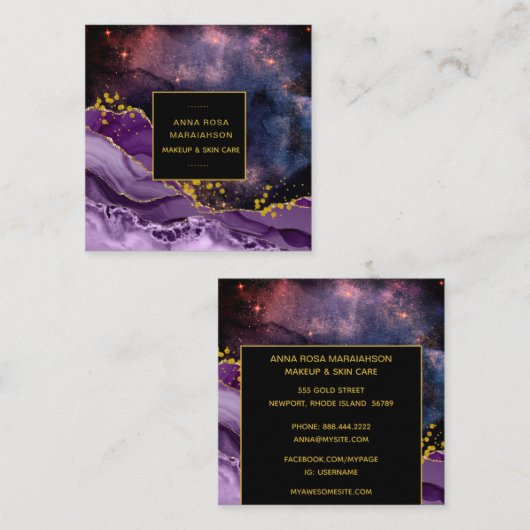 *~*シック·金ゴールド·人気があるグリッター·パープル·エーゲート·ジオード スクエア名刺 (正面/裏面)