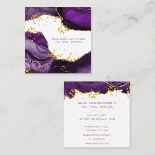 *~*シック·金ゴールド·人気があるグリッター·パープル·エーゲート·ヘア スクエア名刺 (正面/裏面)
