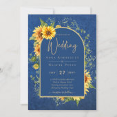 シックAll-in1素朴ひまわり青結婚黄 招待状 (正面)