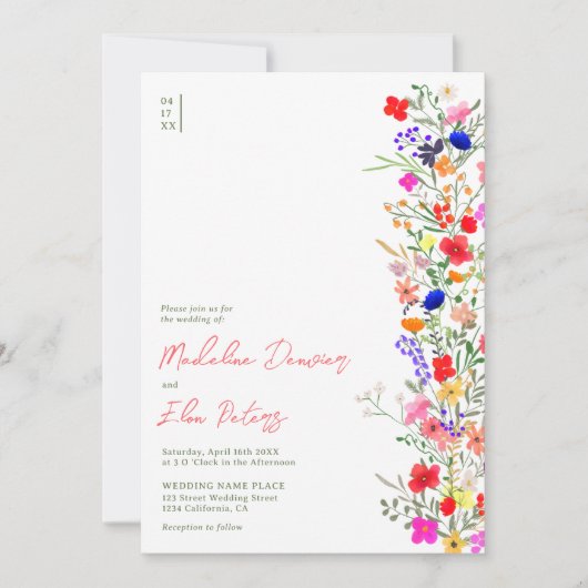 シックboho明るい野生の花3枚結婚の写真 招待状 (正面)