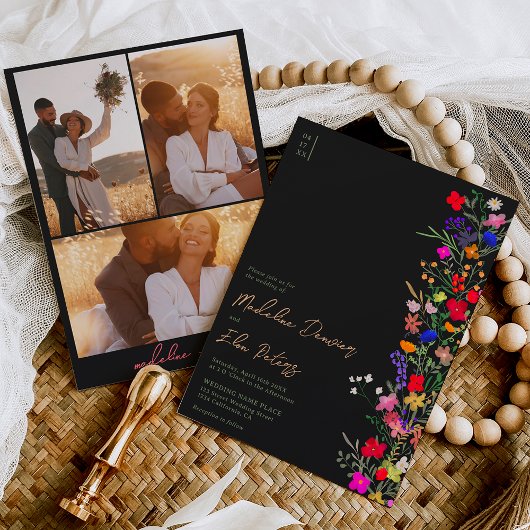 シックboho明るい野生の花3枚結婚の写真 招待状