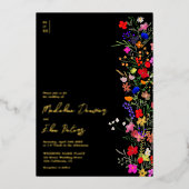 シックboho明るい野生の花3枚結婚の写真 箔招待状 (正面)