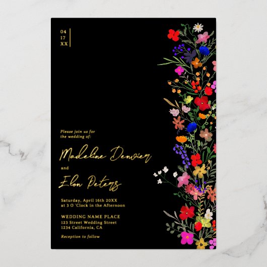 シックboho明るい野生の花3枚結婚の写真 箔招待状 (正面)