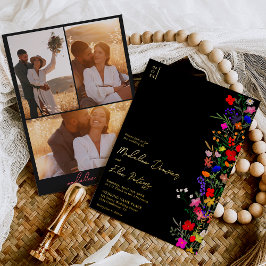 シックboho明るい野生の花3枚結婚の写真 箔招待状