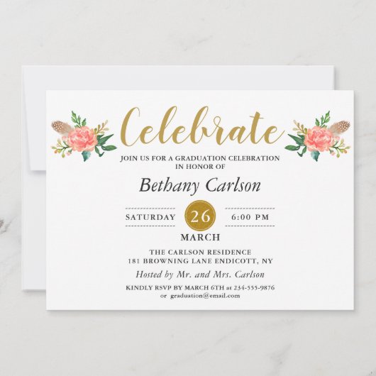 シックBoho羽フローラ2写真卒業パーティー 招待状 (裏面)